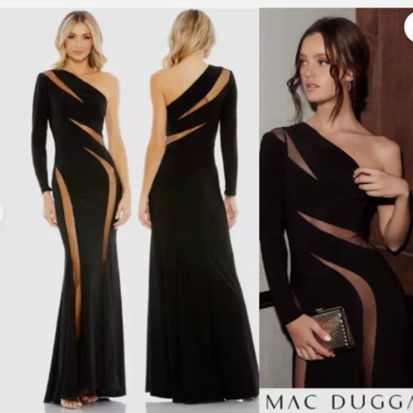 MAC DUGGAL 42014 SEQUINED HIGH NECK LONG SLEEVE LACE UP BACK GRAPHITE GOWN sz 14 - Picture 7 of 7